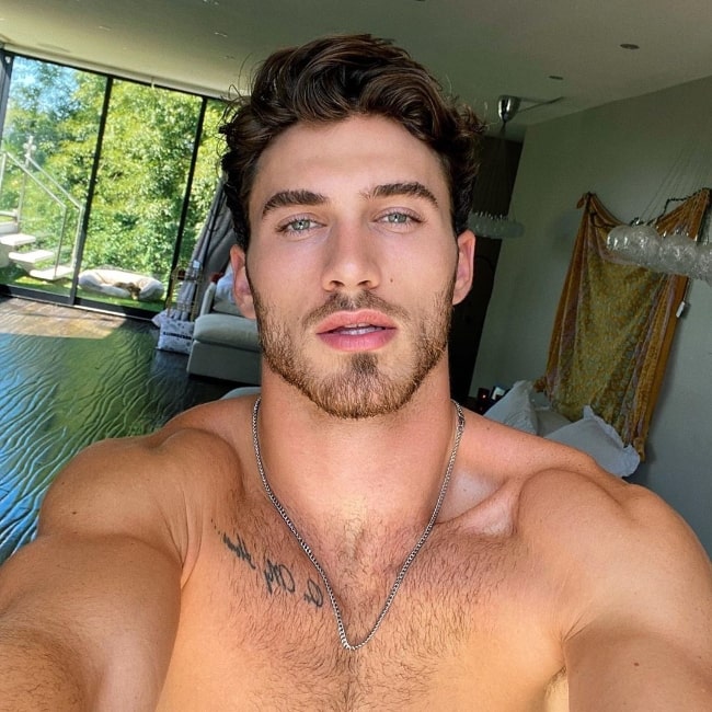 Michael Yerger as seen while taking a shirtless selfie in Los Angeles, California in July 2020