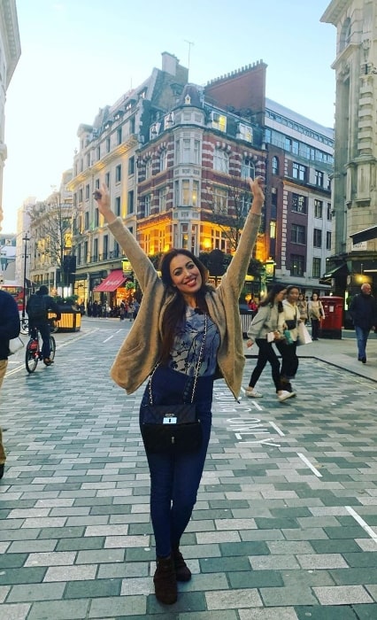 Munmun Dutta as seen while posing for the camera at Leicester Square in London, England