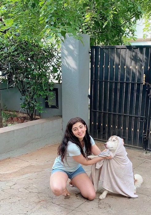 Pranitha Subhash with her dog just after his shower in May 2020