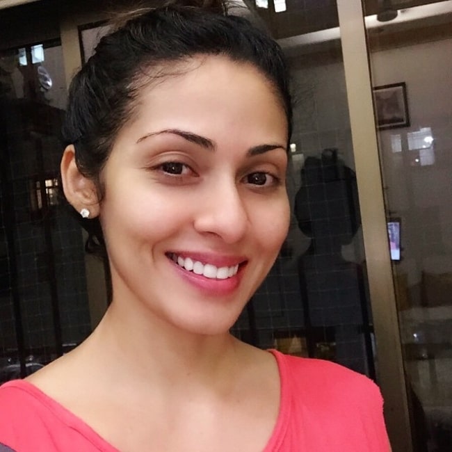 Sadha as seen while smiling in a selfie in January 2019