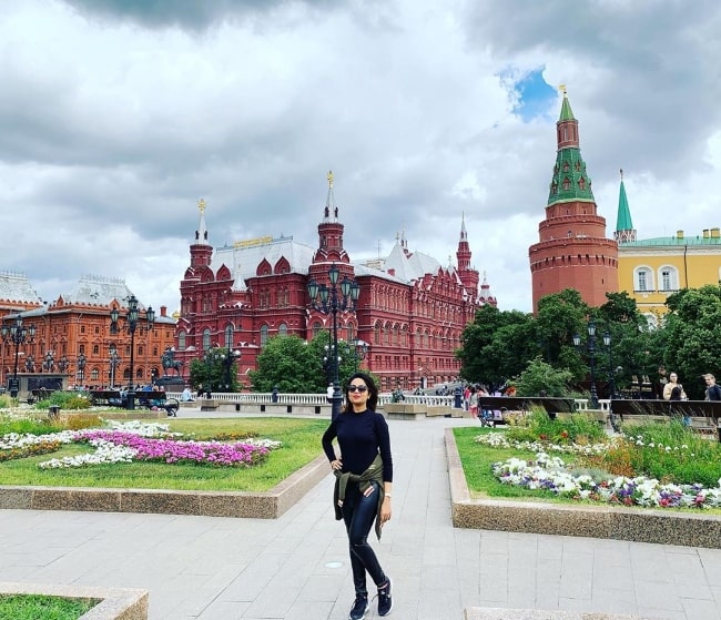 Sugandha Mishra as seen while posing for a picture with a beautiful backdrop in Moscow, Russia