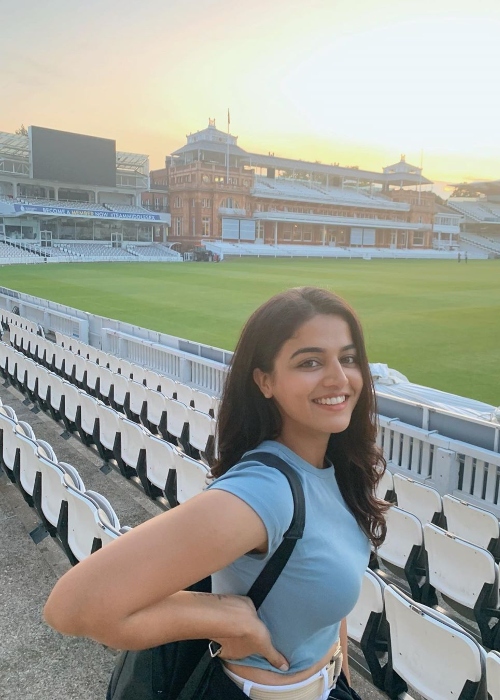 Wamiqa Gabbi as seen while smiling for a picture at the Lord's Cricket Stadium in January 2020