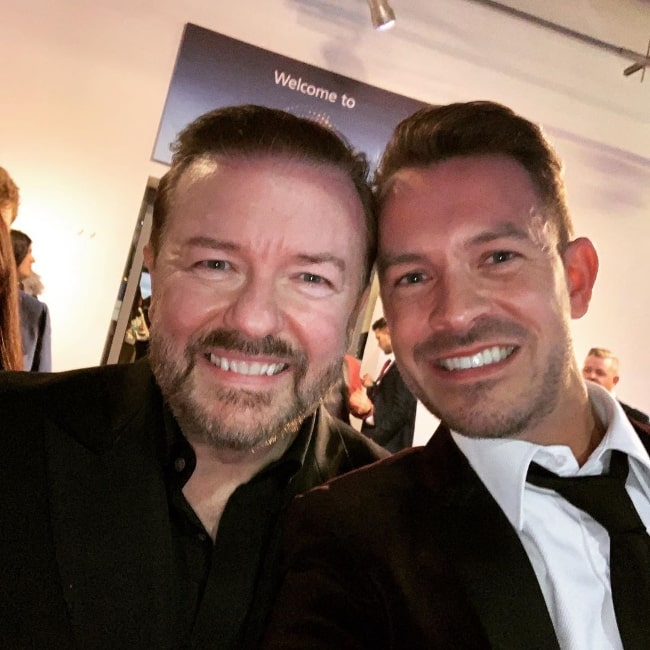 Ashley Taylor Dawson (Right) in a selfie with Ricky Gervais in January 2020