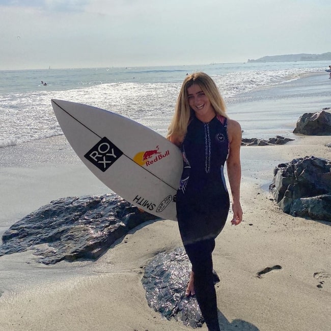 Caroline Marks as seen in a picture with her surfing board in September 2020