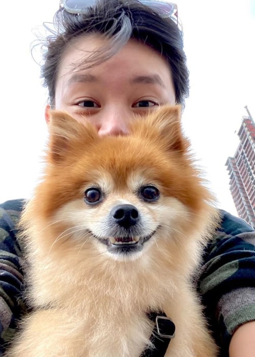 Celia Au as seen in a selfie that was taken with her pomeranian Wookie in New York City, New York in June 2020