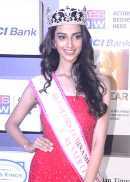 Meenakshi Chaudhary posing for the camera at Times Now 'NRI of the Year' award in July 2018