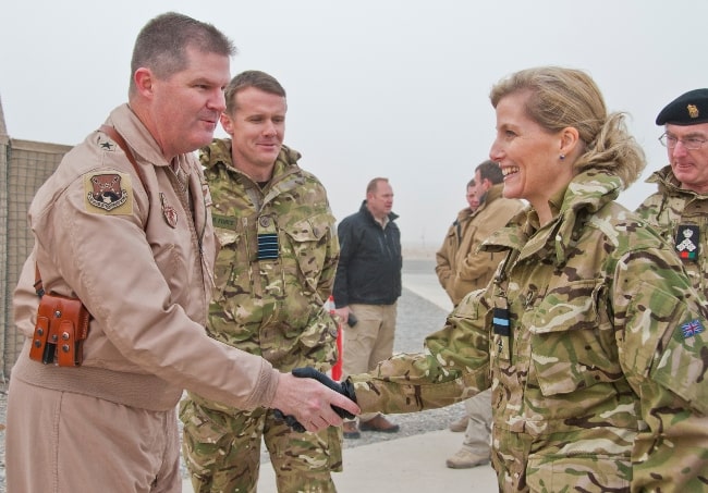 Sophie, Countess of Wessex shaking hands with Brig. Gen. Thomas Deale during her visit to the 62nd Expeditionary Reconnaissance Squadron at Kandahar Airfield, Afghanistan in 2011