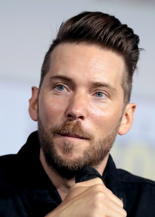 Troy Baker speaking at the 2019 San Diego Comic Con International, for Marvel Games, at the San Diego Convention Center in San Diego, California