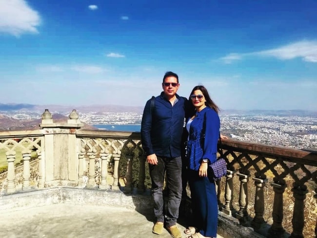 Alvira Khan Agnihotri posing for a picture with her husband at Sajjan Garh Monsoon Palace in Udaipur, Rajasthan, India in February 2019