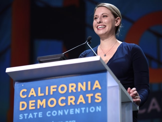 Katie Hill pictured while speaking with attendees at the 2019 California Democratic Party State Convention at the George R. Moscone Convention Center in San Francisco, California