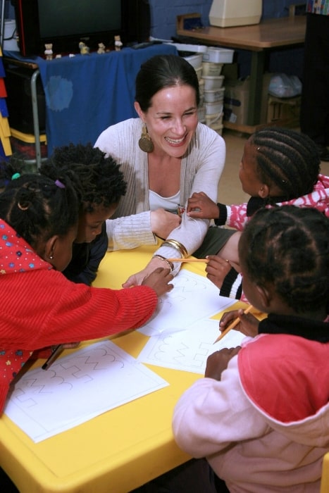 Ashley Biden pictured while playing educational games with South African children during her visit to Mapetla Day Care Centre in Soweto, Johannesburg, South Africa on June 10, 2010