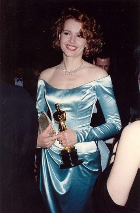 Geena Davis seen holding her Oscar for The Accidental Tourist in 1989