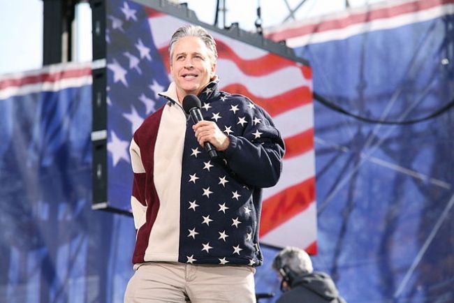 Jon Stewart seen speaking at a rally in 2010