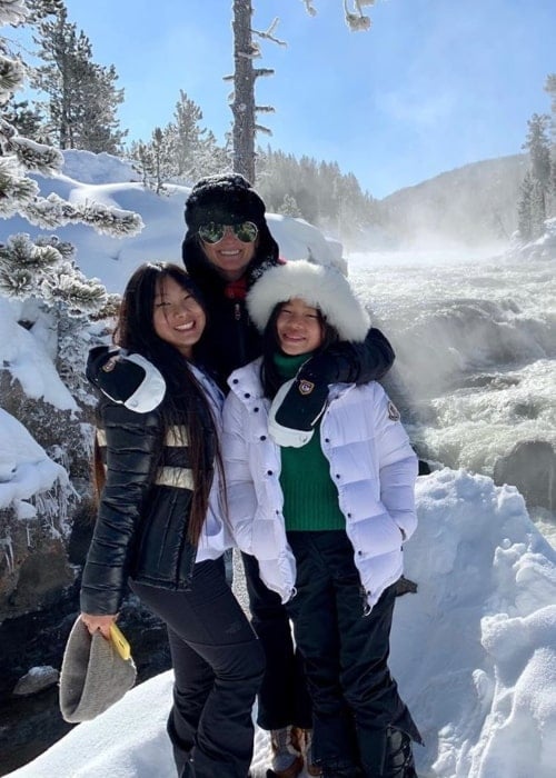 Laeticia Hallyday as seen in a picture that was taken with her daughter Joy and Jade in February 2020, at the Big Sky Mountain Village in Montana