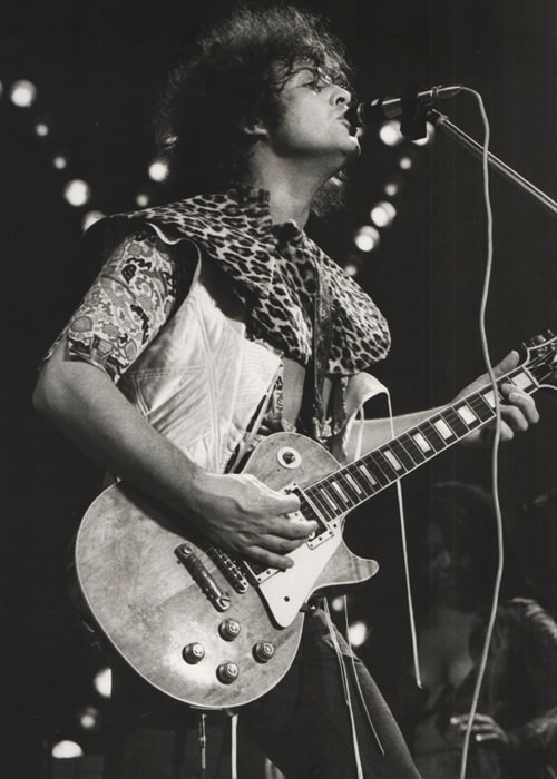 Marc Bolan performing live in 1974 as part of T. Rex’s Truck Off Tour across England, United Kingdom