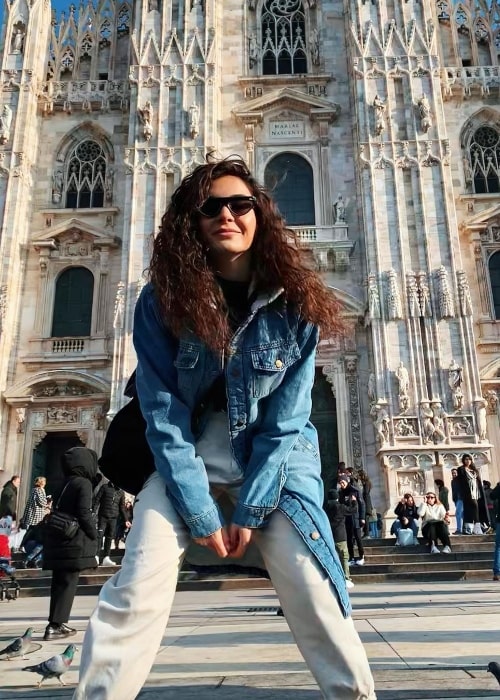 Ebru Şahin as seen while posing for a picture at Duomo di Milano - Milan Cathedral