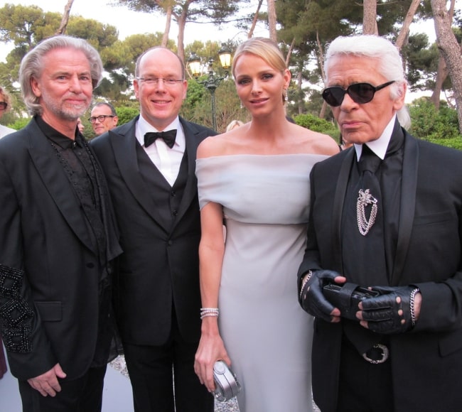 From Left to Right - Hermann Bühlbecker, Prince Albert II, Princess Charlene, and Karl Lagerfeld pictured at the 'Cinema Against AIDS' Gala in May 2011
