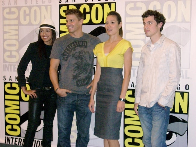 From Left to Right - Tamara Taylor, David Boreanaz, Michaela Conlin, and John Francis Daley in July 2008