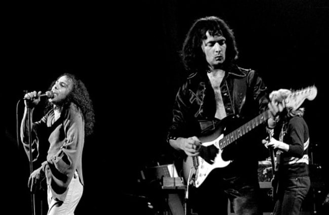 Ronnie James Dio (Left) and Ritchie Blackmore pictured while performing with 'Rainbow' at Chateau Neuf in Oslo, Norway in September 1977