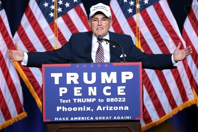 Rudy Giuliani pictured while speaking to supporters at an immigration policy speech hosted by Donald Trump at the Phoenix Convention Center in Phoenix, Arizona in August 2016