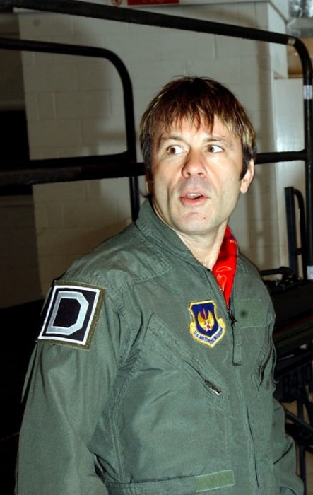 Bruce Dickinson pictured in pilot outfit during the filming of a five-part series for the Discovery Channel titled 'Flying Heavy Metal'