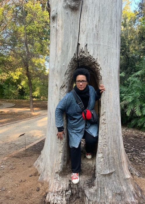 Golda Rosheuvel having fun inside a tree in January 2020
