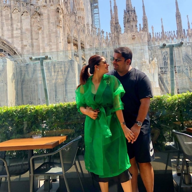 Neha Pendse in a picture with Shardul Singh Bayas ​at Duomo di Milano - Milan Cathedral in August 2019