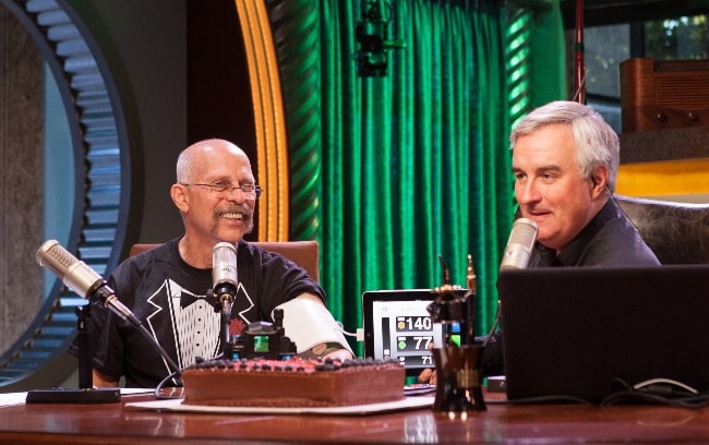 Dick DeBartolo (Left) and Leo Laporte pictured while recording 'The Daily Giz Wiz' podcast at the grand opening of the TWiT Brickhouse studio in Petaluma, California on July 24, 2011