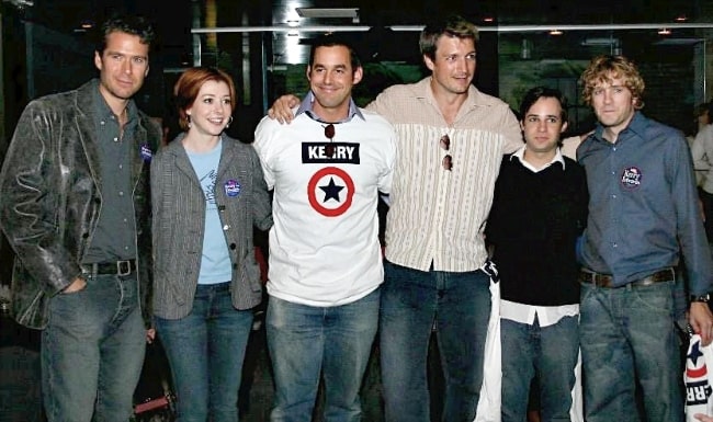 From Left to Right - Alexis Denisof, Alyson Hannigan, Nicholas Brendon, Nathan Fillion, Danny Strong, and Tom Lenk at a John Kerry fundraiser in October 2004