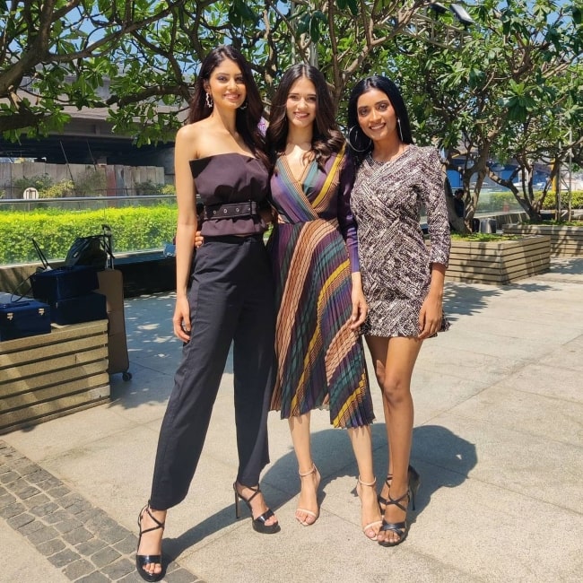 Manika Sheokand with her fellow beauty pageant contestants Manya Singh and Manasa Varanasi in February 2021