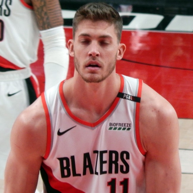 Meyers Leonard of the Portland Trail Blazers pictured during a match against the Cleveland Cavaliers on January 16, 2019, at Moda Center in Portland, Oregon