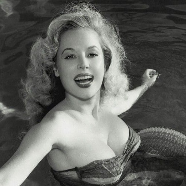 Betty Brosmer as seen in a black and white picture that was taken during her years