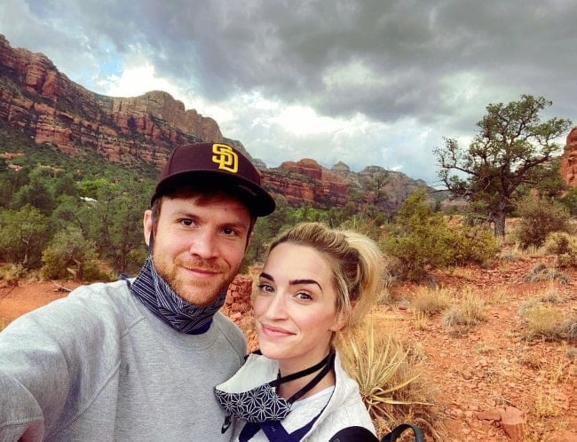 Brianne Howey in a selfie along with Matt Ziering at Boynton Canyon Vortex in Sedona, Arizona in October 2020