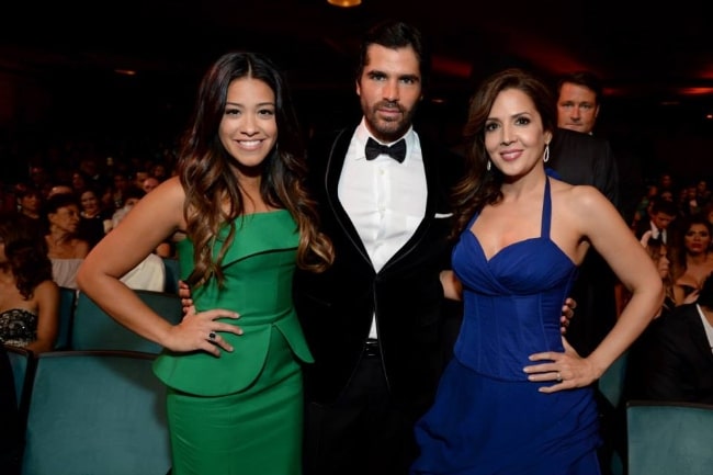 From Left to Right - Gina Rodriguez, Eduardo Verástegui, and Maria Canals-Barrera attending the 2014 NCLR ALMA Awards at the Pasadena Civic Auditorium in October 2014 in Pasadena, California