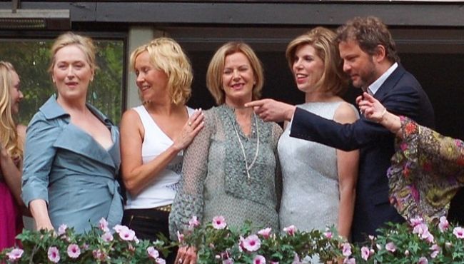 (From left to right) Meryl Streep, Agnetha Fältskog, Anni-Frid Lyngstad, Christine Baranski, and Colin Firth in 2008