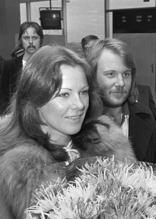 Lyngstad and Benny Andersson as seen arriving at the Amsterdam Airport Schiphol in 1976