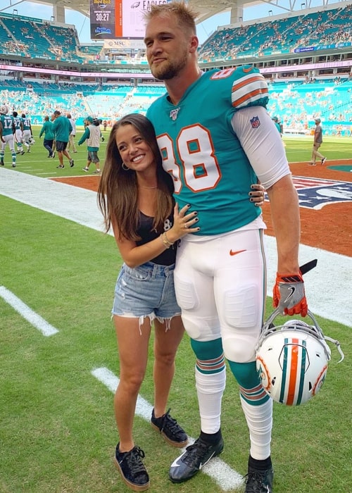 Mike Gesicki and Halle Proper, as seen in April 2020