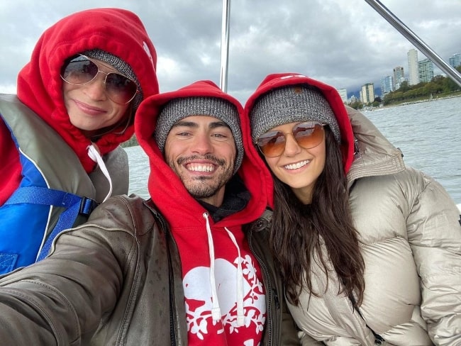 Darren Barnet taking a selfie with Nina Dobrev (Right) and Mary V (Left) in Vancouver, British Columbia