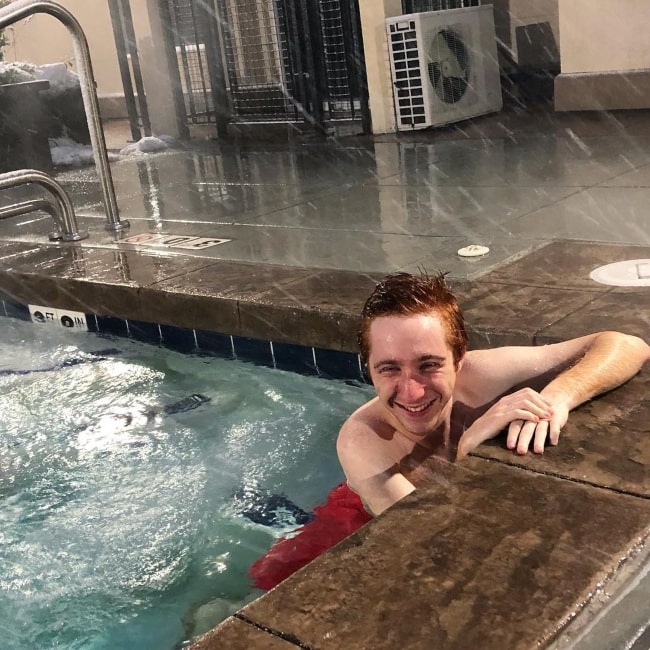 Larry Saperstein in February 2019 enjoying being in a hot tub while it is snowing