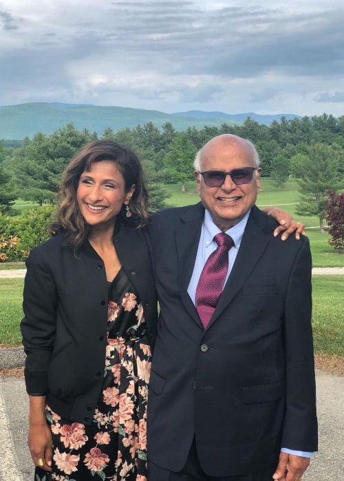 Sarayu Blue smiling for a picture alongside her father