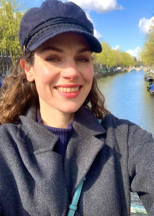 Anna Drijver as seen while smiling for a selfie in Amsterdam in April 2021