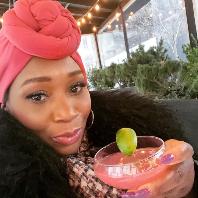 Bevy Smith in April 2021 declaring it to be the height of fashion when the drink matches the turban