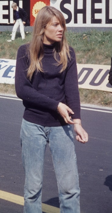 Françoise Hardy as seen during the filmmaking of 'Grand Prix' on the Circuit de Charade in August 1966