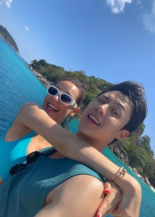 Kimberley Anne Woltemas as seen in a selfie with her partner actor and model Prin Suparat on the Similan Islands in April 2021