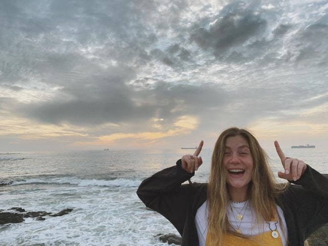 Laura Dreyfuss as seen while smiling for a picture at Sea Point, Western Cape, South Africa in 2020