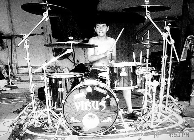 Rob Raco at 13 playing drums as a part of the punk rock band Virus