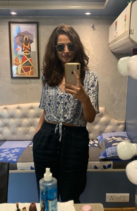 Rucha Inamdar as seen while taking a mirror selfie in a vanity van in Delhi, India in March 2021