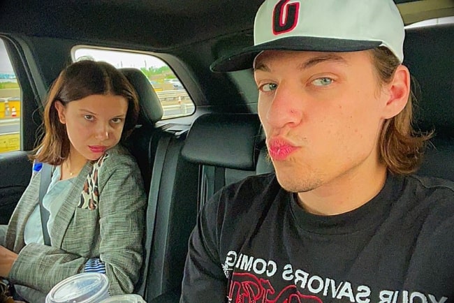 Jacob Hurley Bongiovi as seen while pouting in a selfie with Millie Bobby Brown in 2021