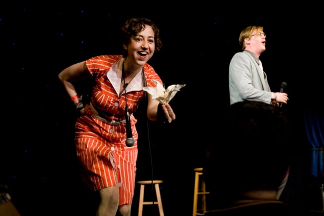 Kristen Schaal and comedy partner Kurt Braunohler onstage at SXSW Comedy Fest 2010