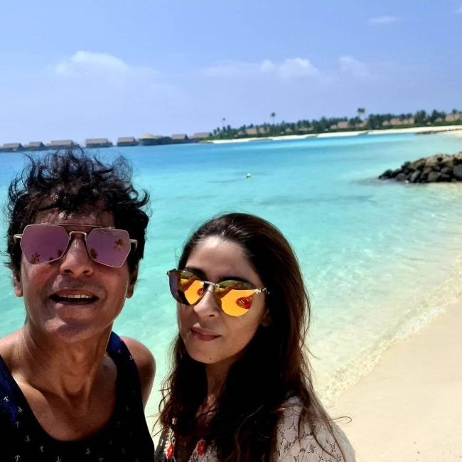 Chunky Pandey as seen while taking a selfie with his wife Bhavana Pandey in Maldives in February 2021